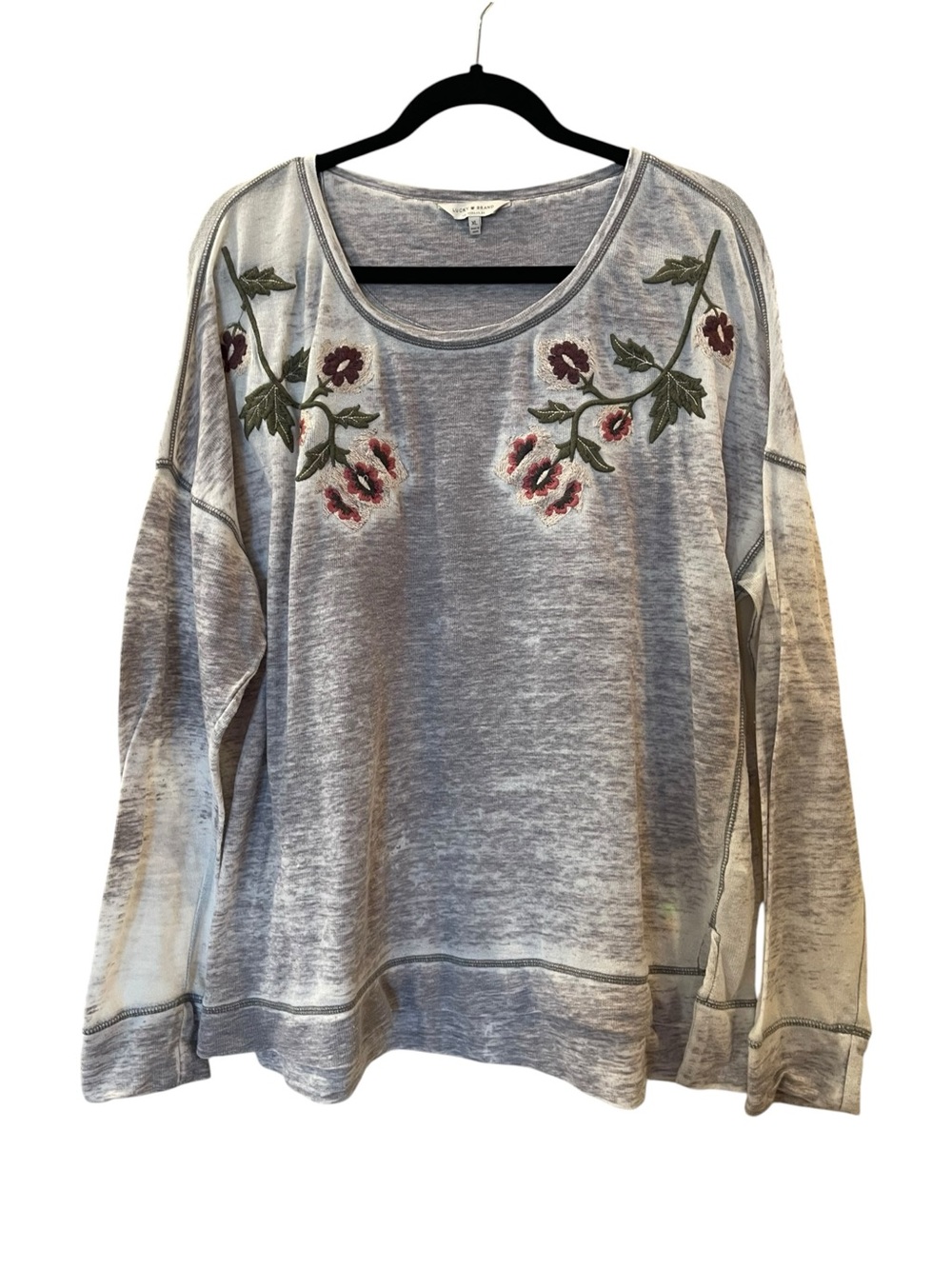 Lucky Brand Women’s Floral Embroidered Gray Long Sleeve Acid Wash Shirt Size: XL